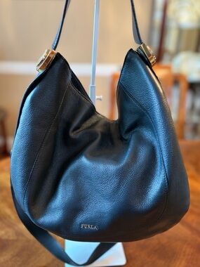 Furla Black Leather Hobo Bag Double Strap for Crossbody Option